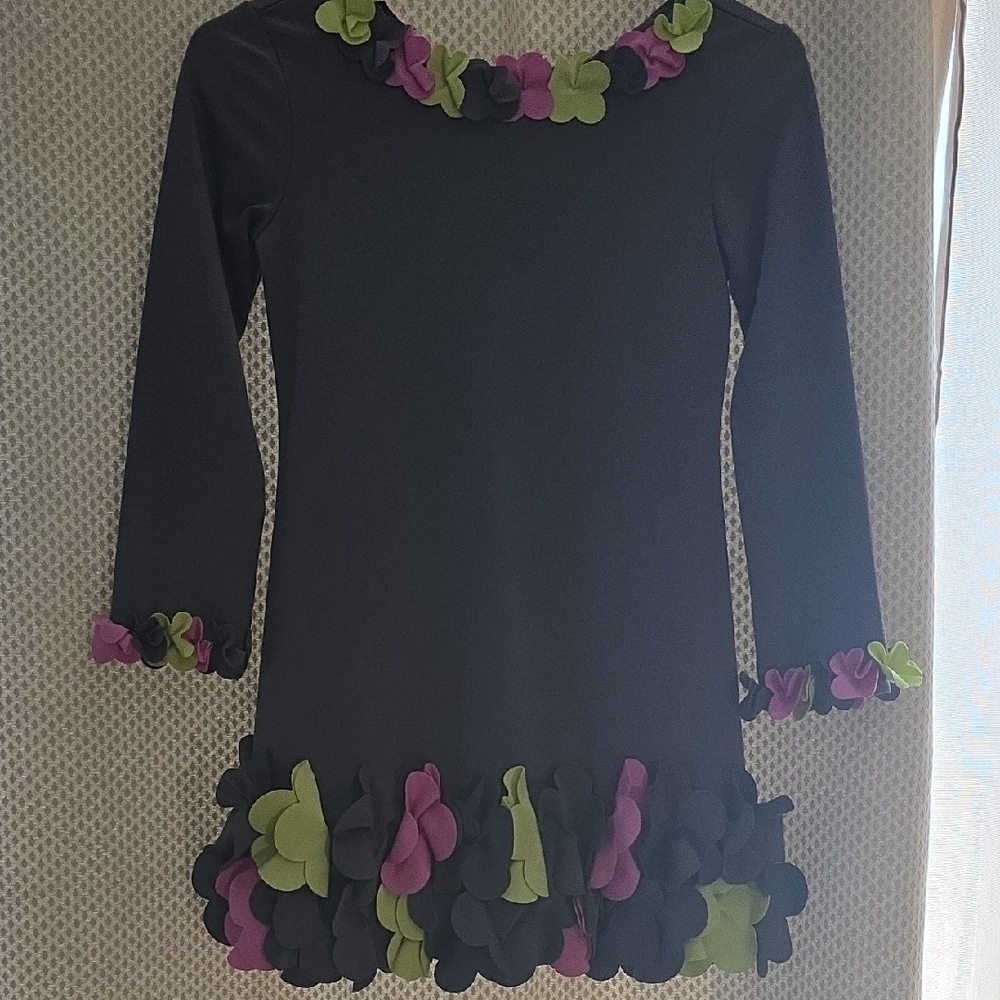 Biscotti Black Dress with Purple and Green Accents